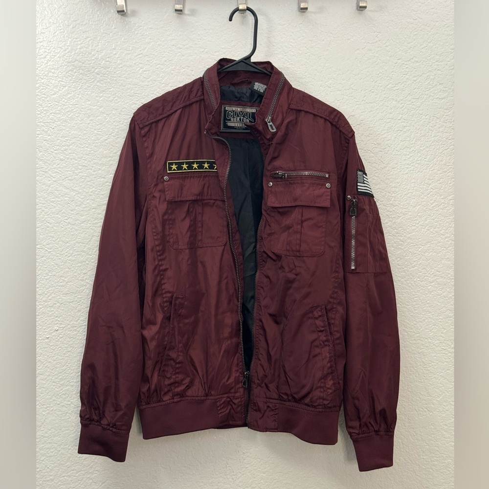 bomber jacket burgundy with american flag and star  patches